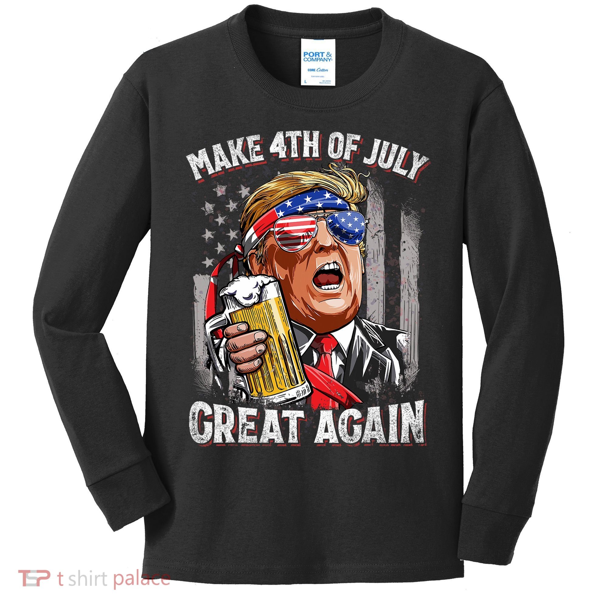 Trump Make 4th Of July Great Again Drinking Beer Funny Kids Long Sleeve Shirt