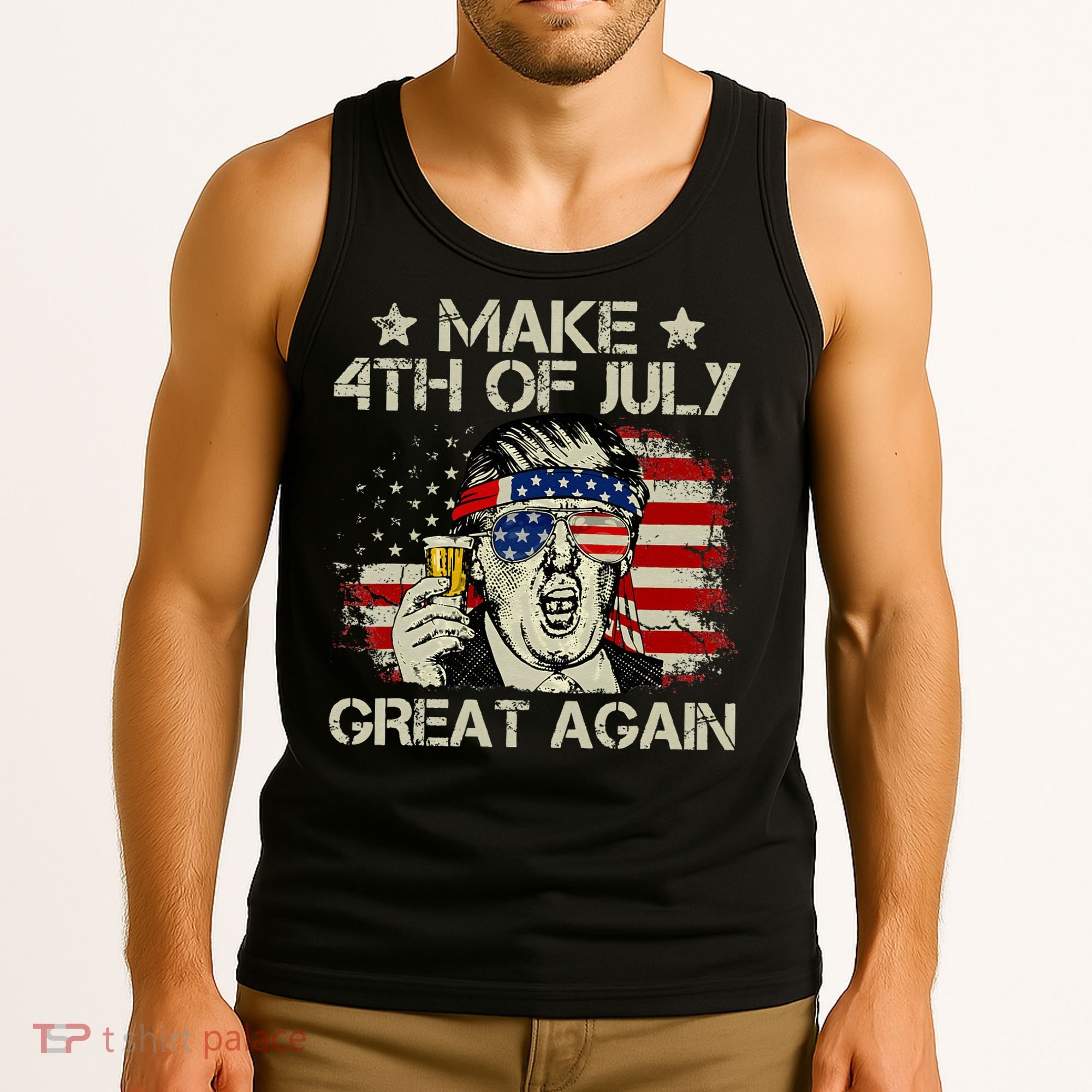 Trump Make 4th of July Great Again Merica Beer Drinking Tank Top