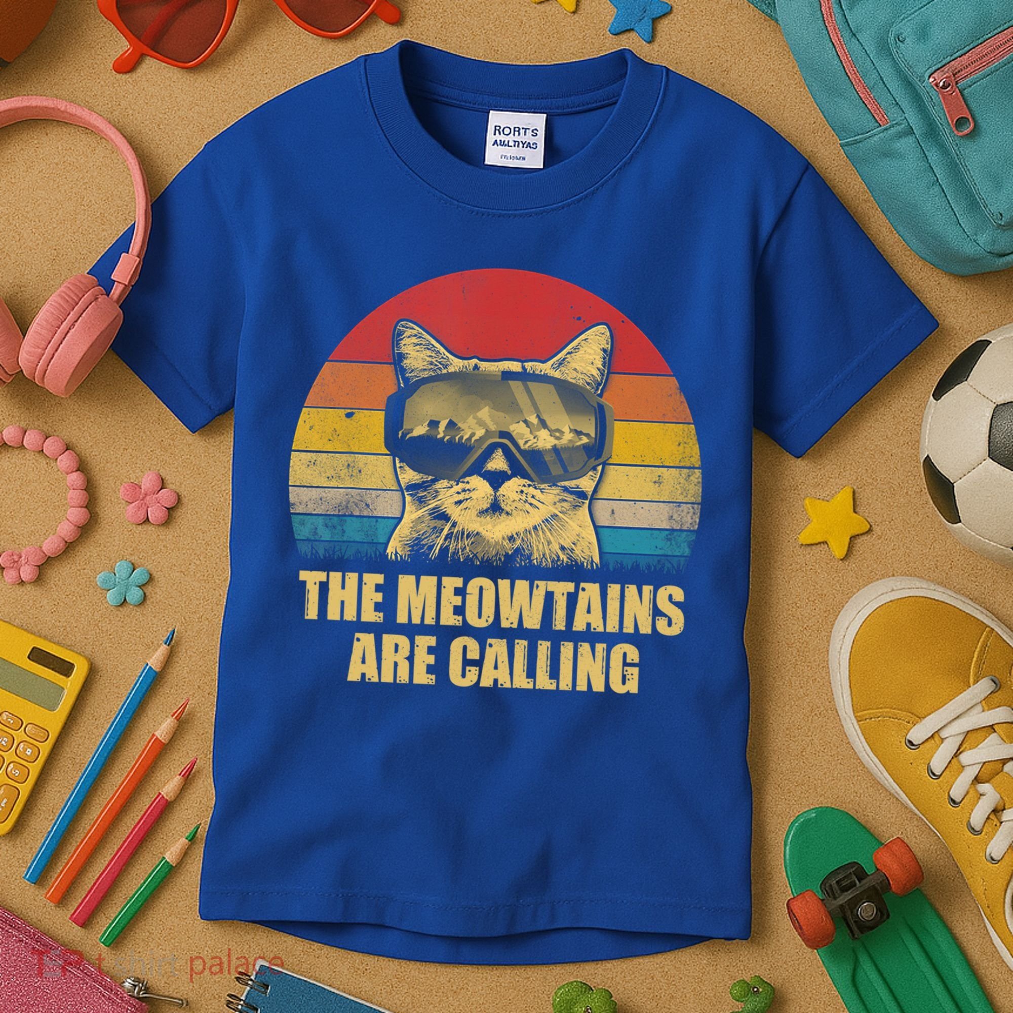 The Meowtains Are Calling Funny Cat Ski Snowboard Goggles Gift Kids T-Shirt