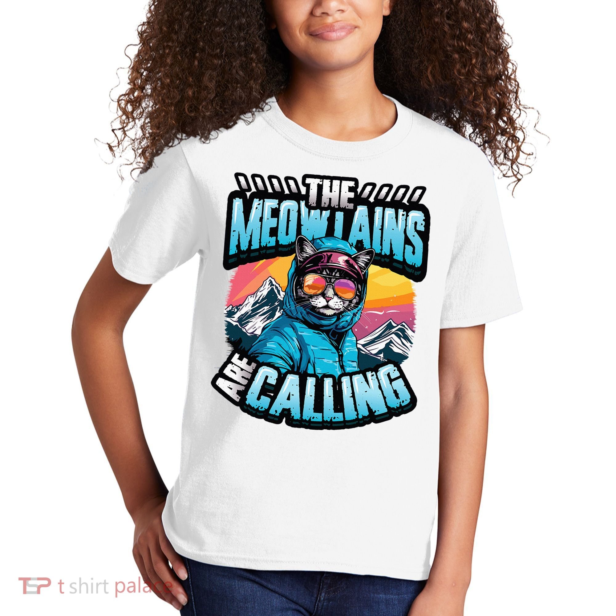 The Meowtains Are Calling Snowboard Cat Skiing Kids T-Shirt