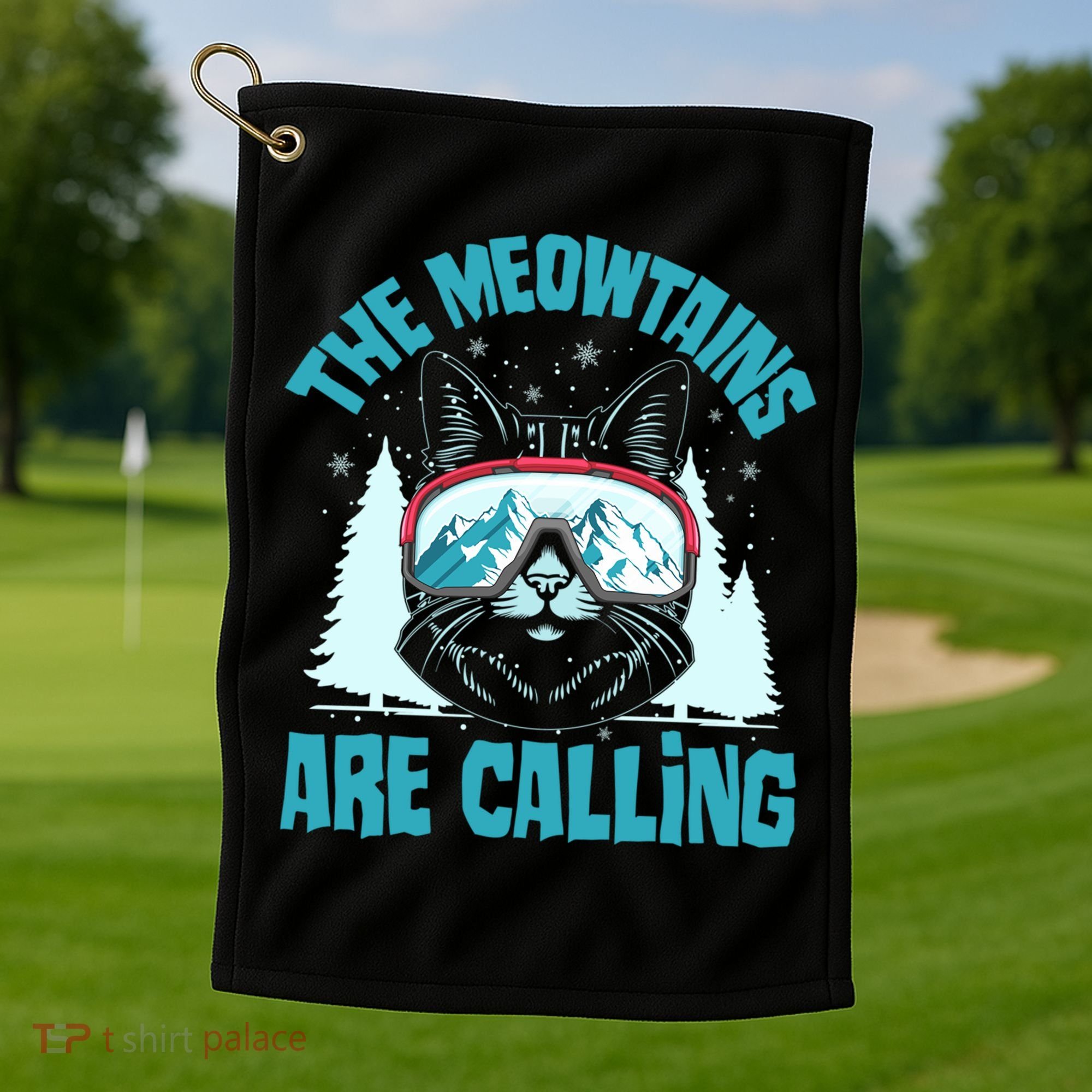 The Meowtains Are Calling Cat Ski Adventure Golf Towel