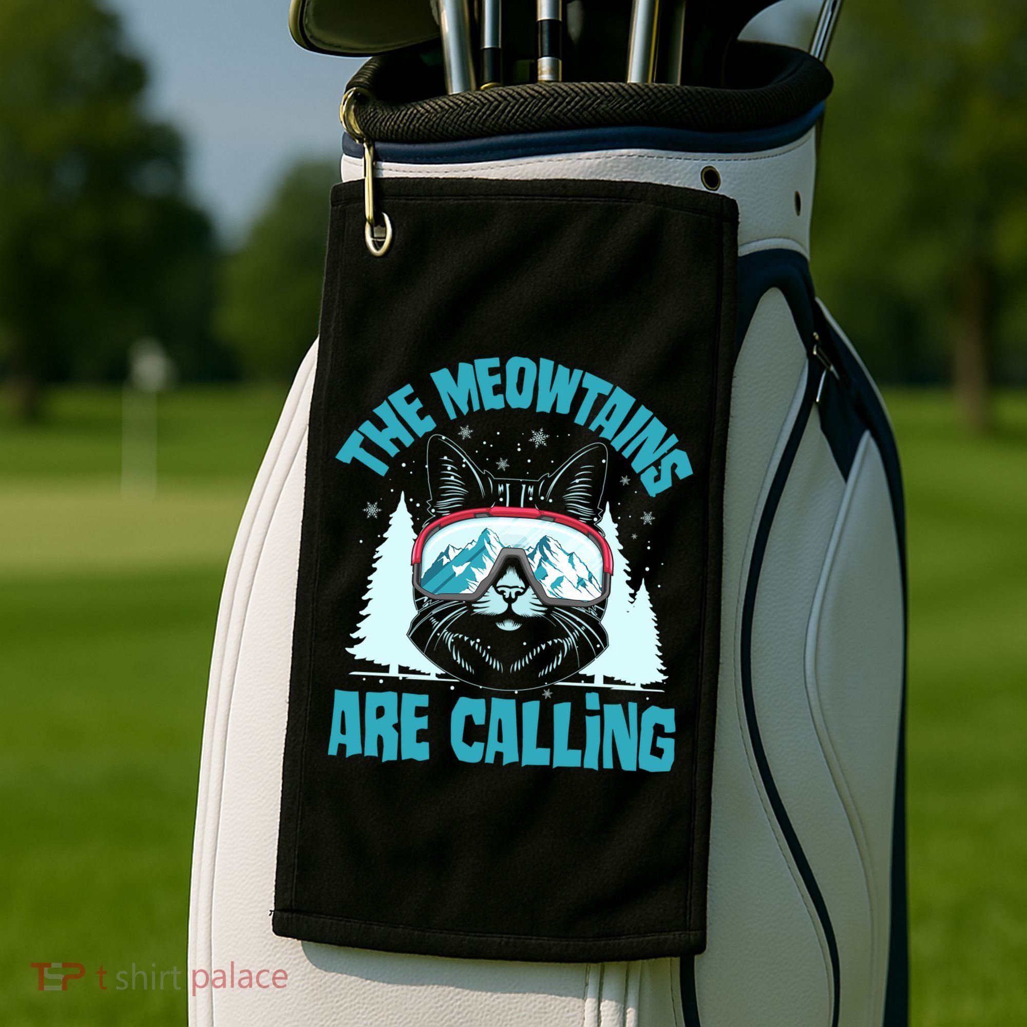 The Meowtains Are Calling Cat Ski Adventure Golf Towel