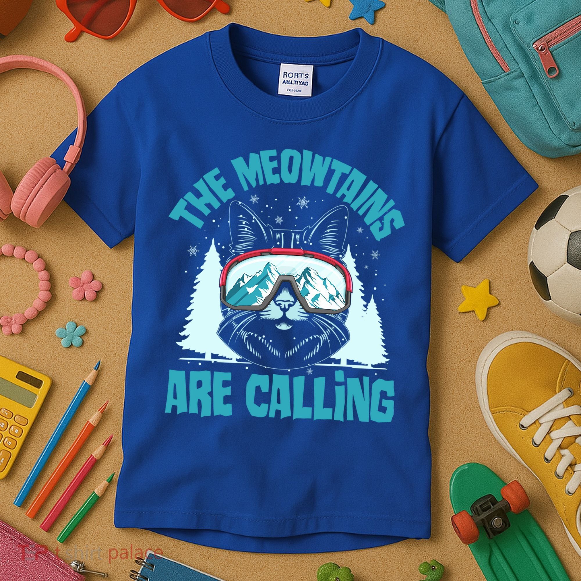 The Meowtains Are Calling Cat Ski Adventure Kids T-Shirt