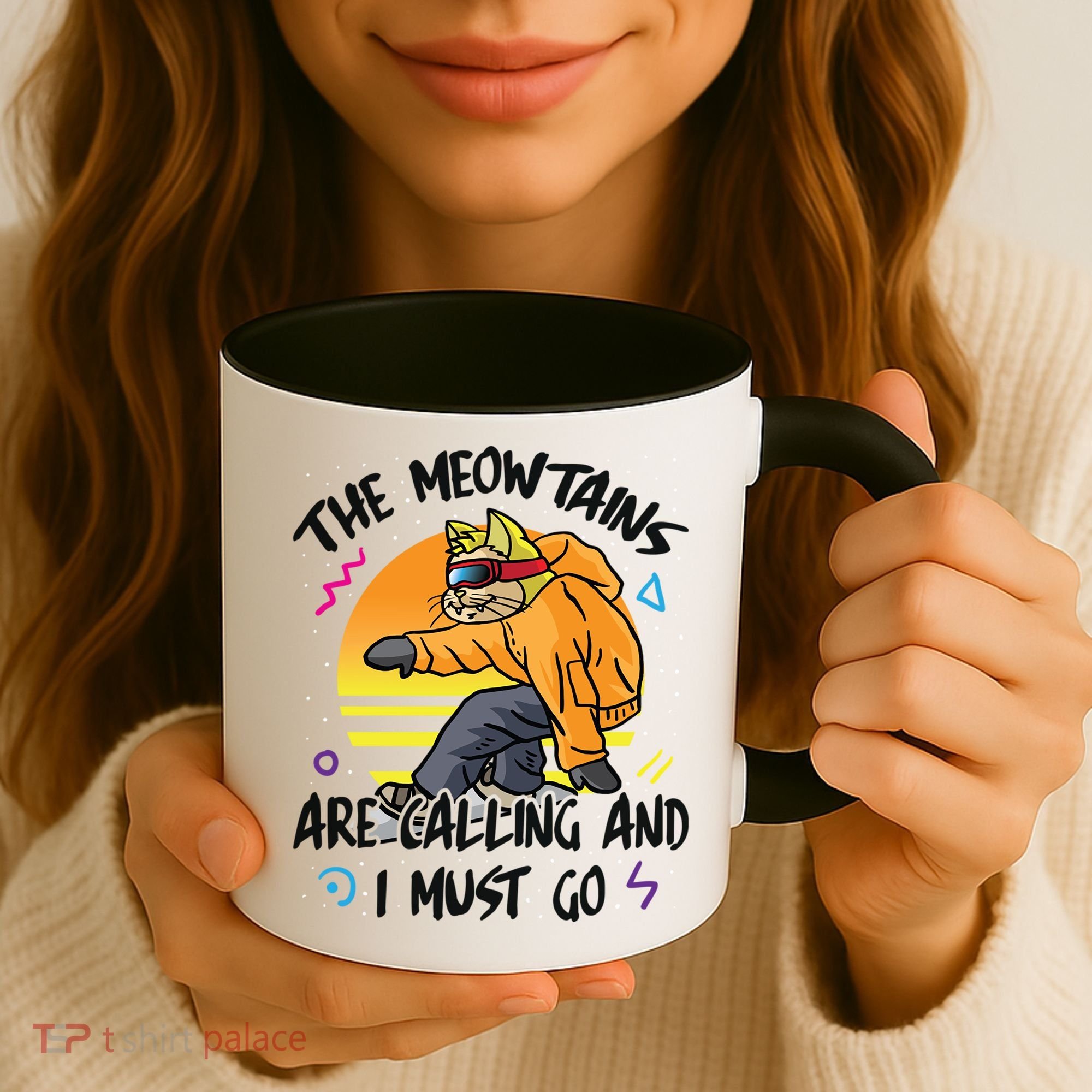 The Meowtains Are Calling And I Must Go Winter Snowboard Cat  Coffee Mug