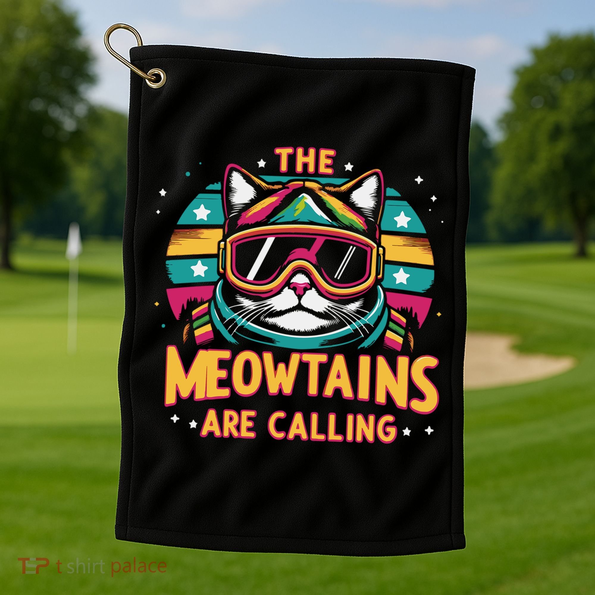 The Meowtains Are Calling Cat Ski Snowboard  Golf Towel