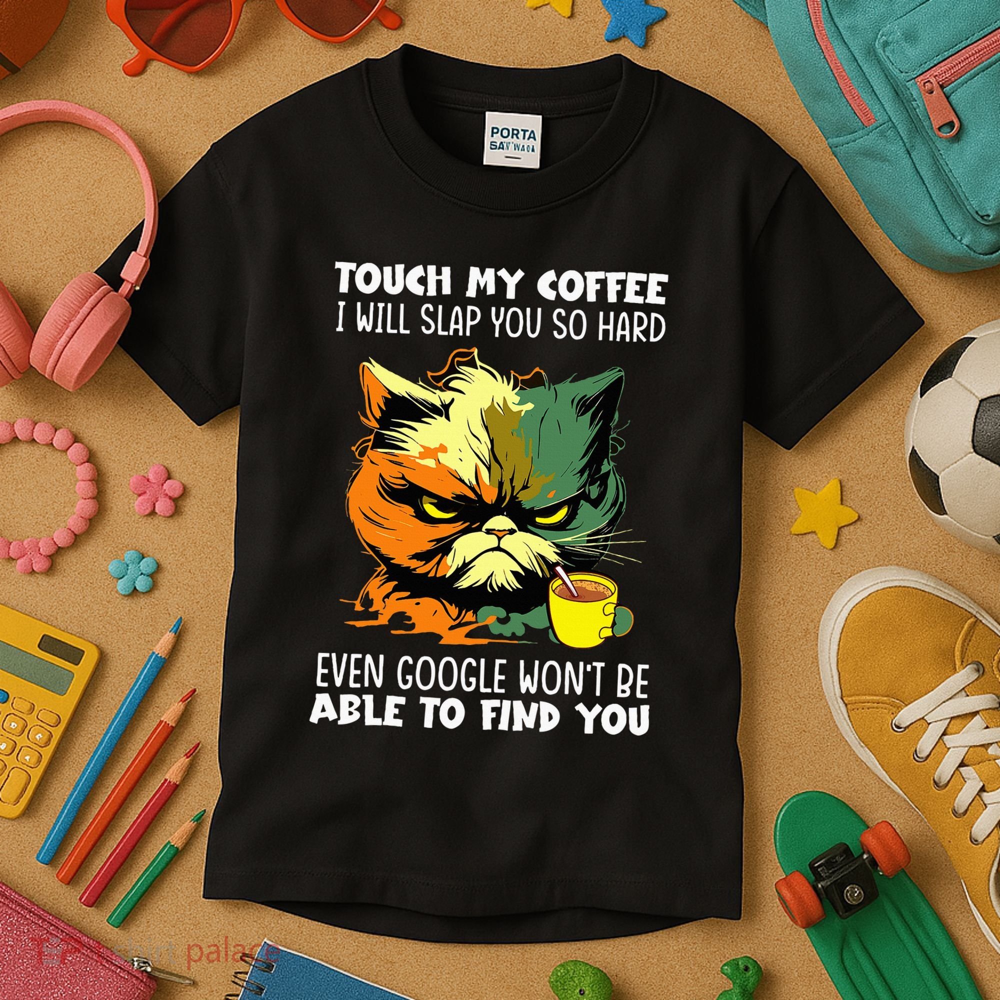 Touch My Coffee ILl Slap You So Hard Cat Face Feeling Kids T-Shirt