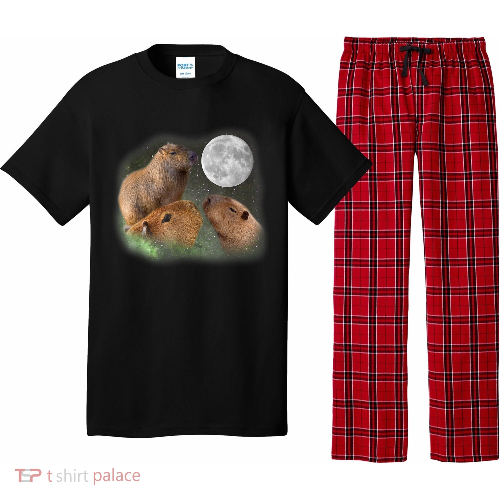 Three Moon Capybaras Cute Gift Funny Cute Animal Parody Tee Pajama Set