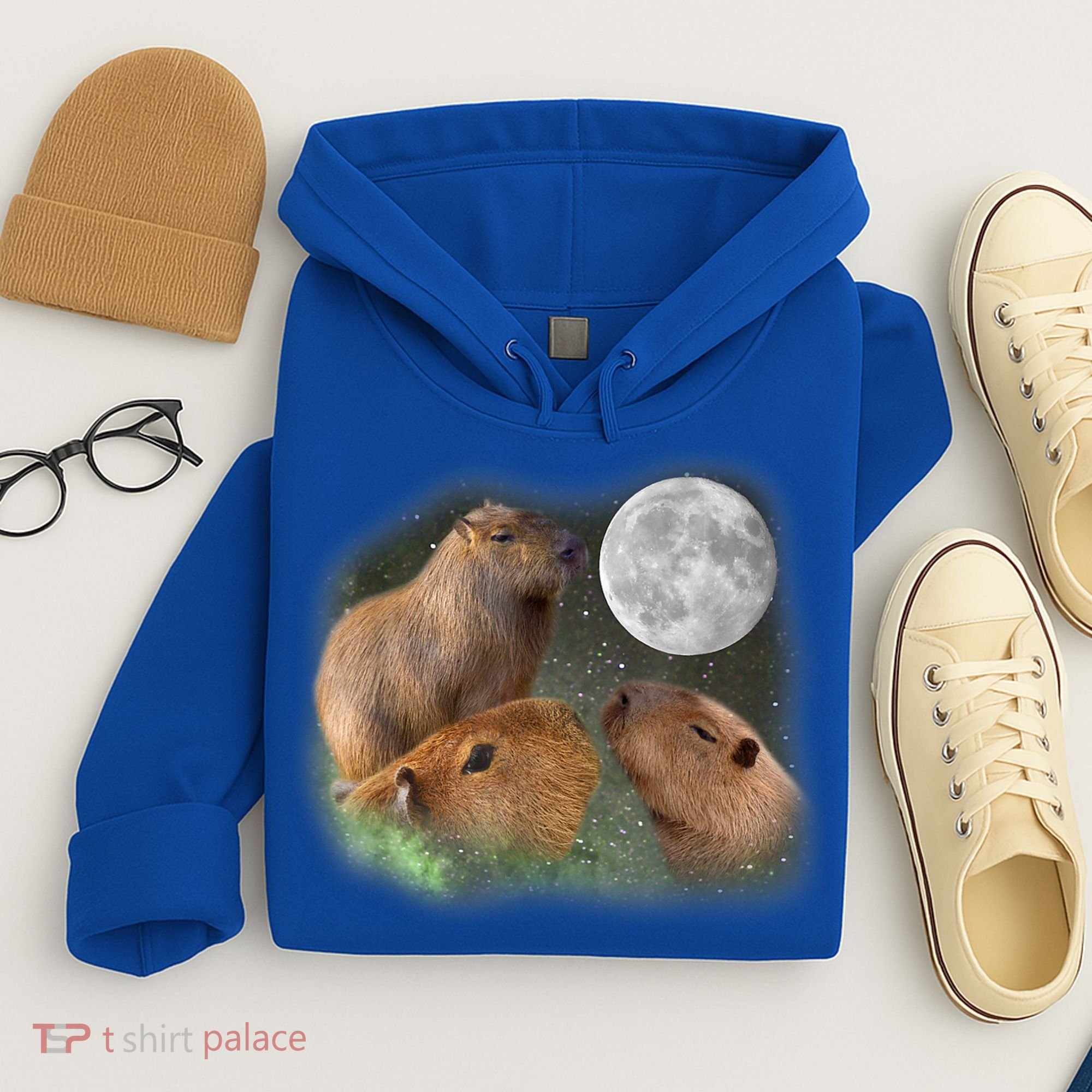 Three Moon Capybaras Cute Gift Funny Cute Animal Parody Tee Hoodie