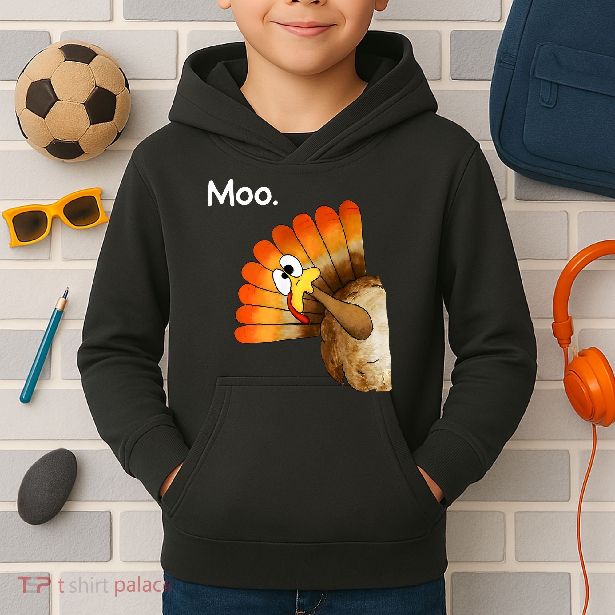 Turkey Moo Cow Funny Thanksgiving Kids Hoodie