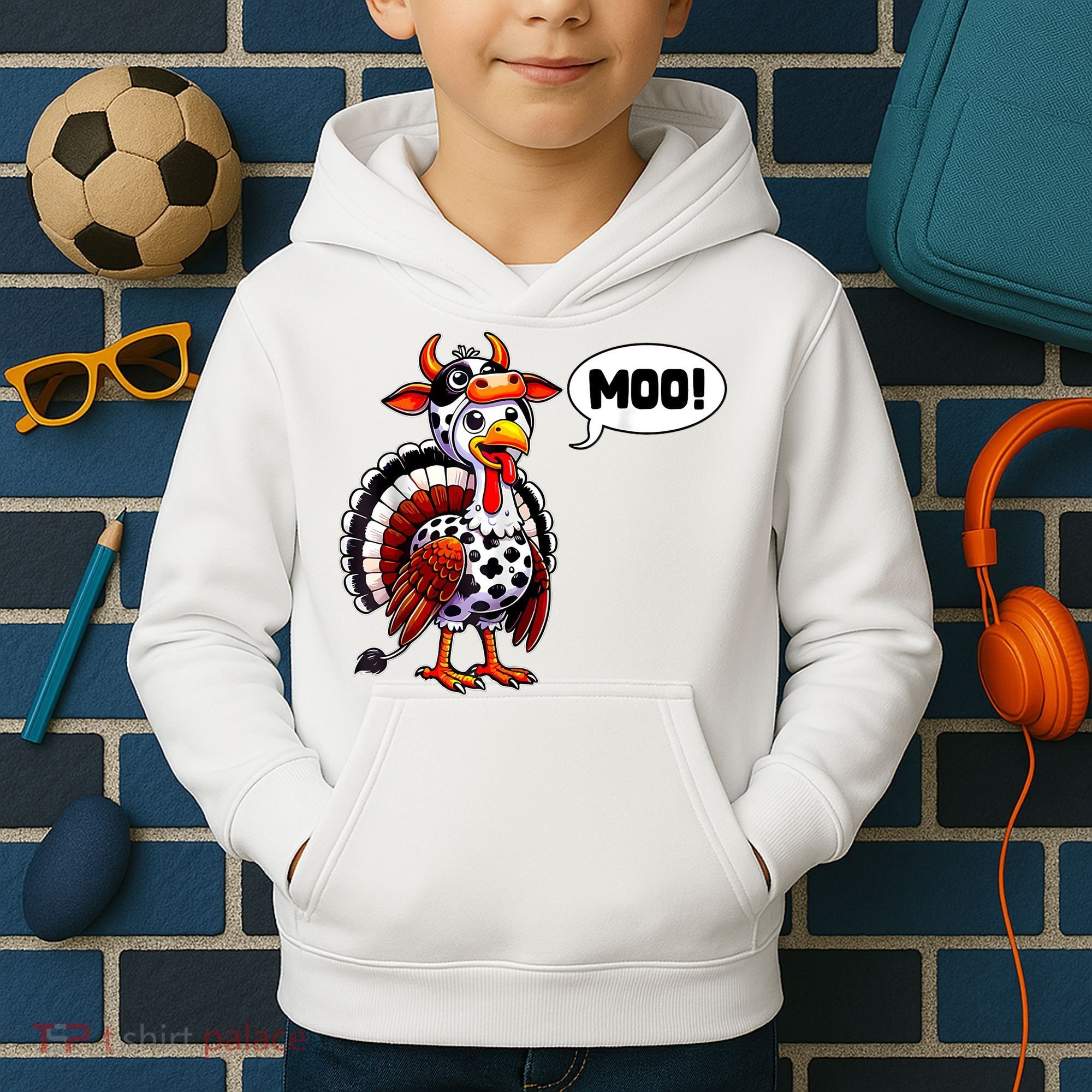 Turkey Moo Cow Funny Thanksgiving Kids Hoodie