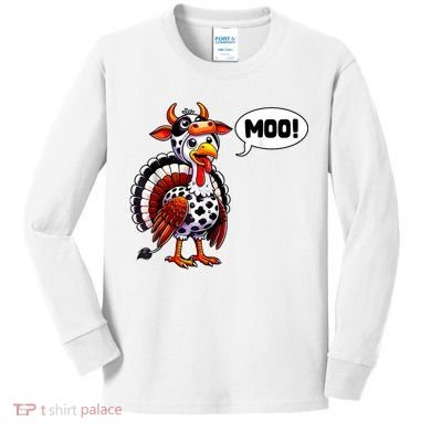 Turkey Moo Cow Funny Thanksgiving Kids Long Sleeve Shirt