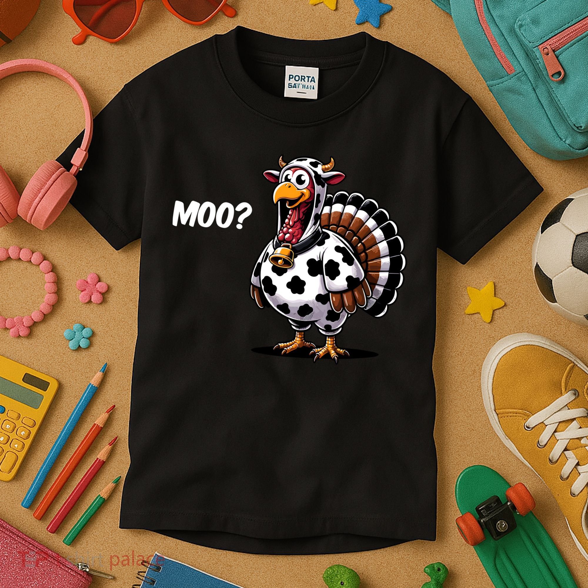 Turkey Moo Funny Cute Thanksgiving Cow Kids T-Shirt