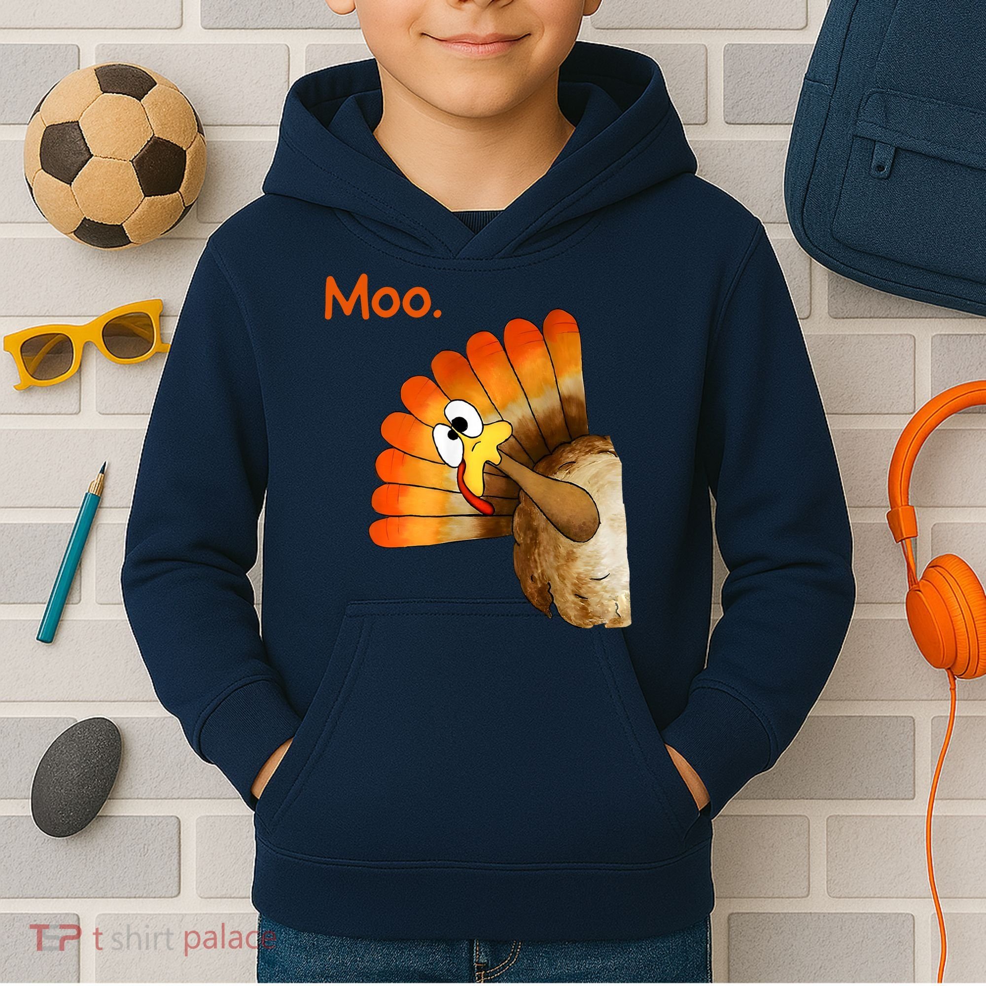 Turkey Moo Funny Thanksgiving Kids Hoodie