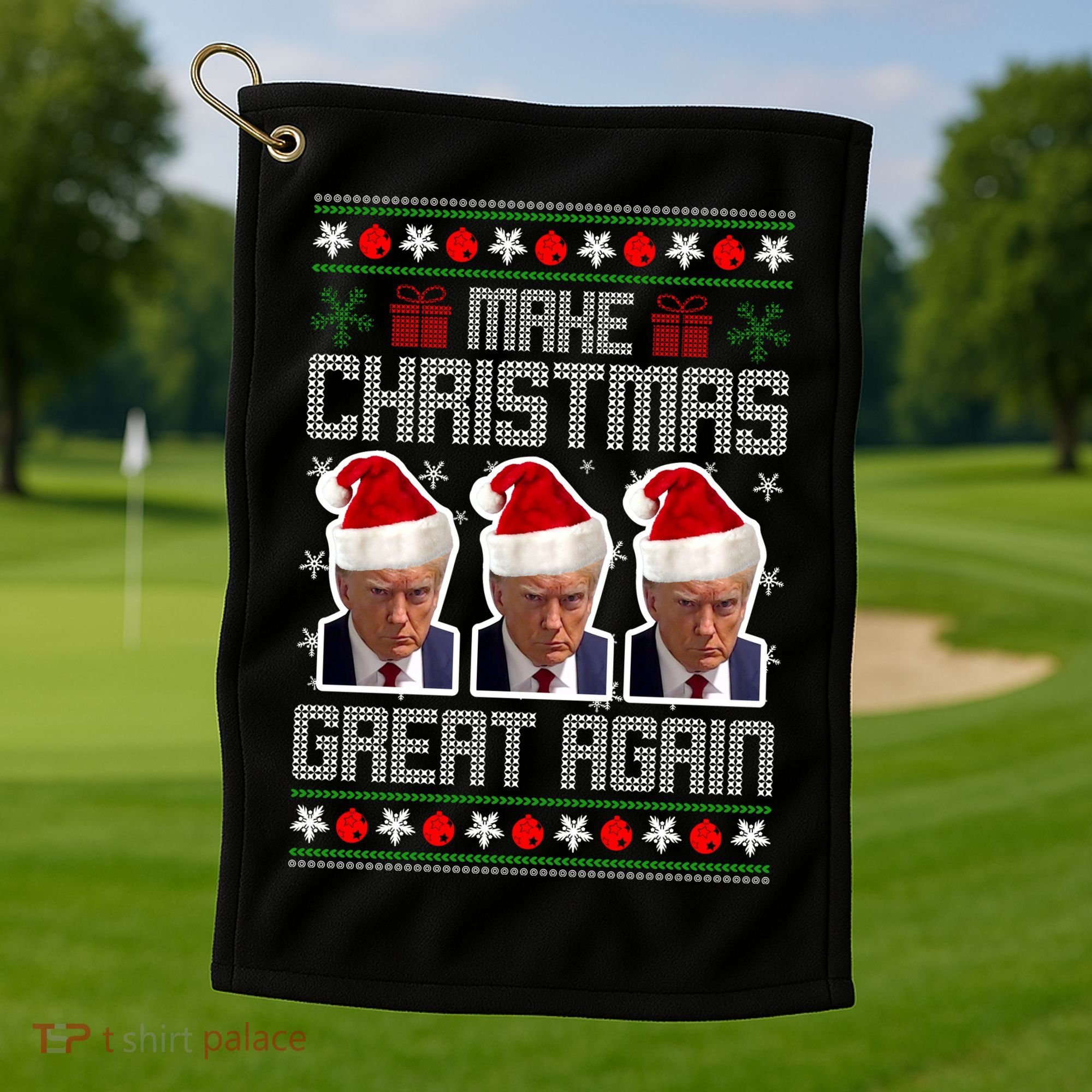 Trump Mugshot Make Christmas Great Again Funny Ugly Golf Towel