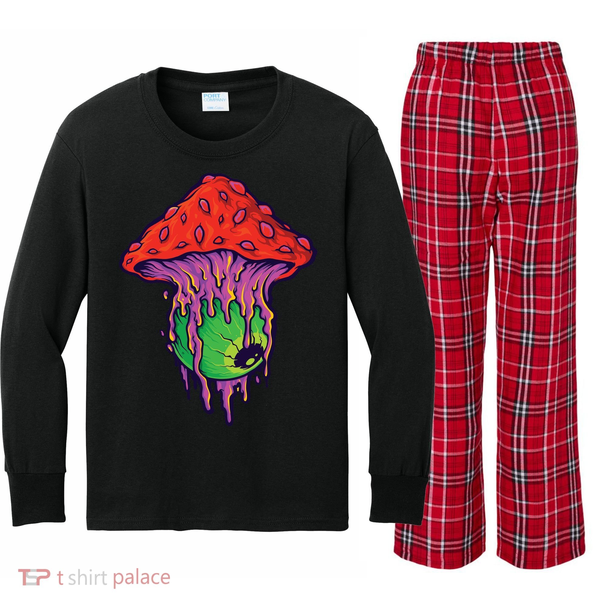 Trippy Melting Mushroom Kids Long Sleeve Plaid Pajama Set