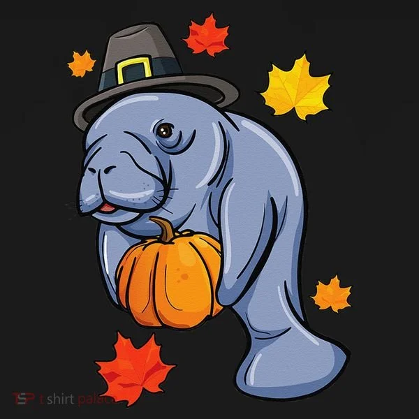 Thanksgiving Manatee Pilgrim Fall Pumpkin Dugong Bucket Hat