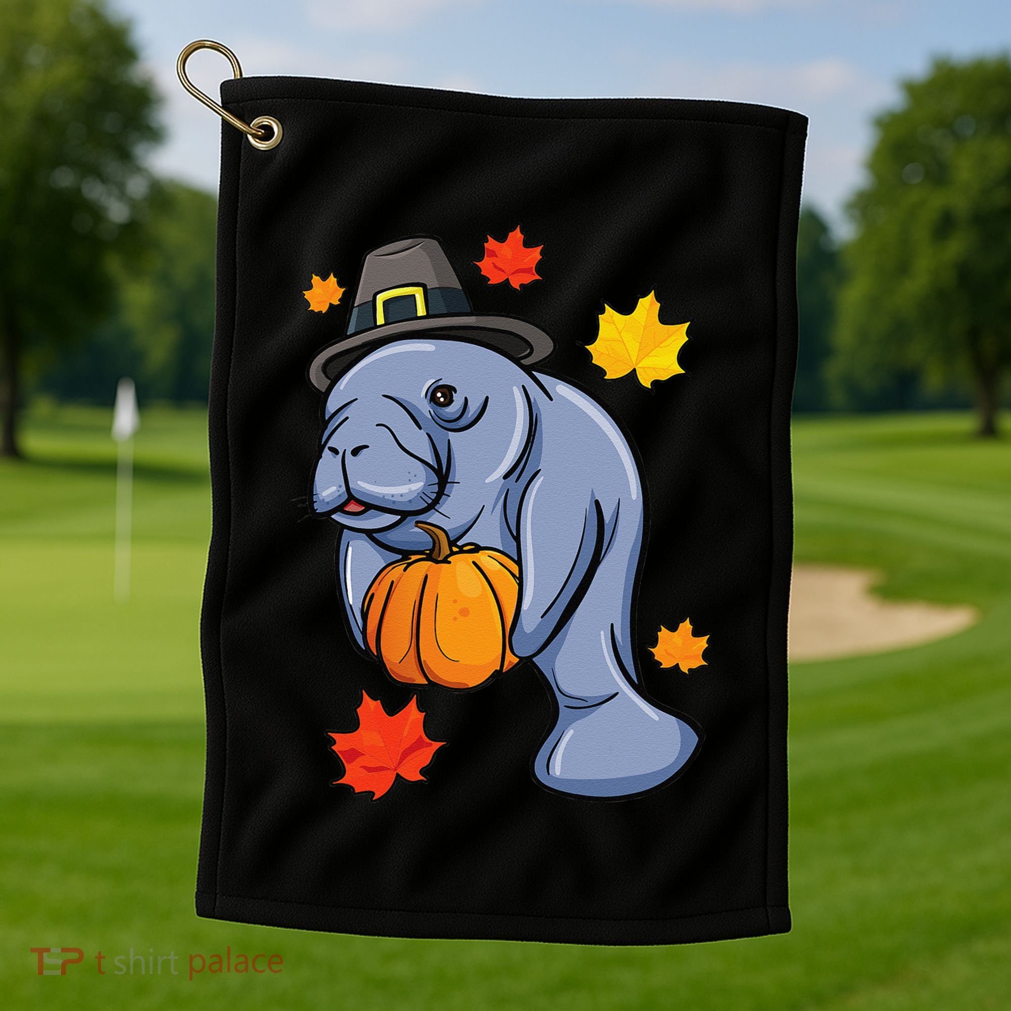 Thanksgiving Manatee Pilgrim Fall Pumpkin Dugong Golf Towel