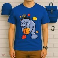 Thanksgiving Manatee Pilgrim Fall Pumpkin Dugong T-Shirt thumb 6