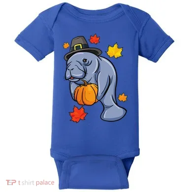 Thanksgiving Manatee Pilgrim Fall Pumpkin Dugong Baby Bodysuit
