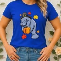 Thanksgiving Manatee Pilgrim Fall Pumpkin Dugong Women's T-Shirt thumb 2