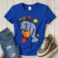 Thanksgiving Manatee Pilgrim Fall Pumpkin Dugong Women's T-Shirt thumb 3