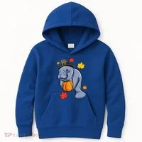 Thanksgiving Manatee Pilgrim Fall Pumpkin Dugong Kids Hoodie thumb 0