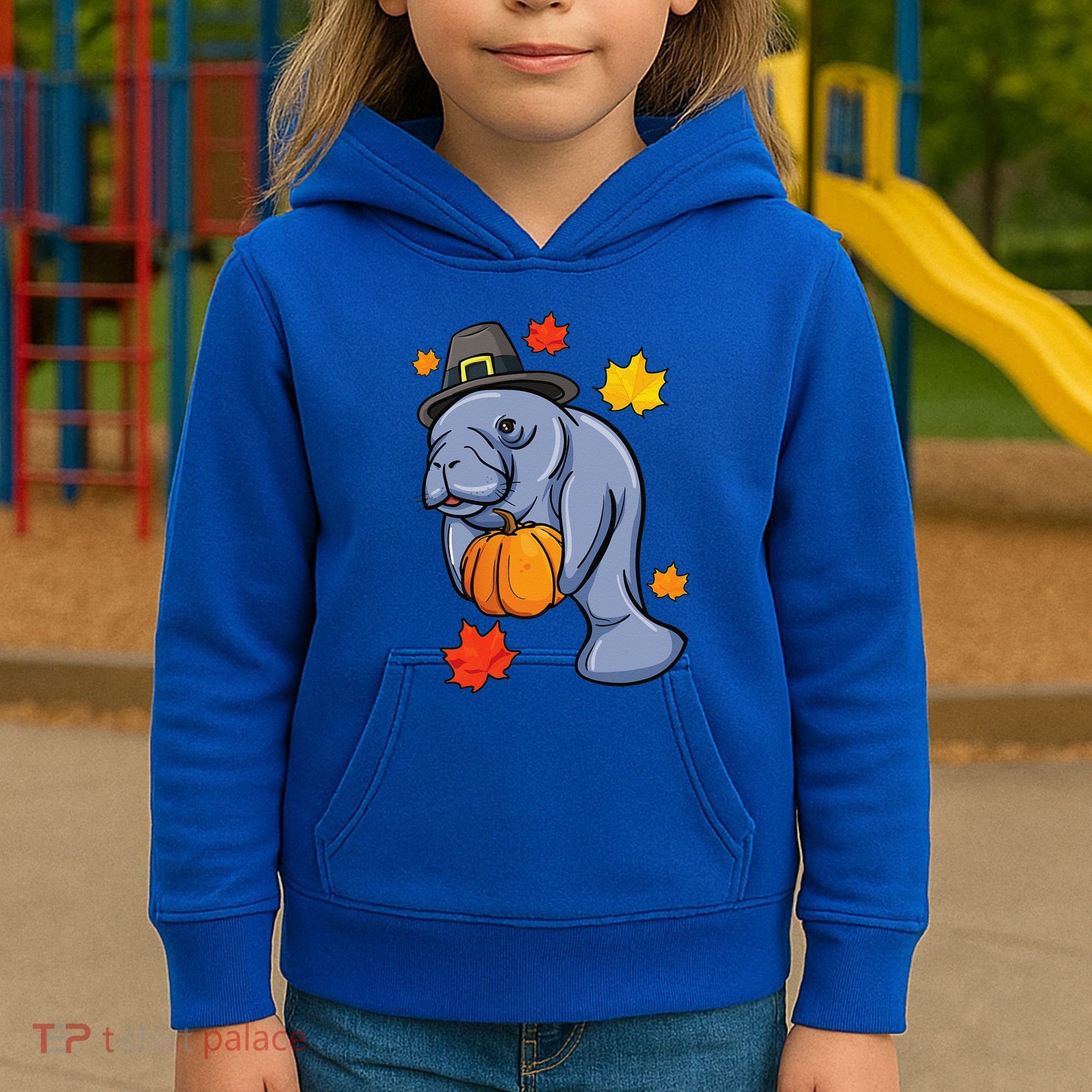 Thanksgiving Manatee Pilgrim Fall Pumpkin Dugong Kids Hoodie