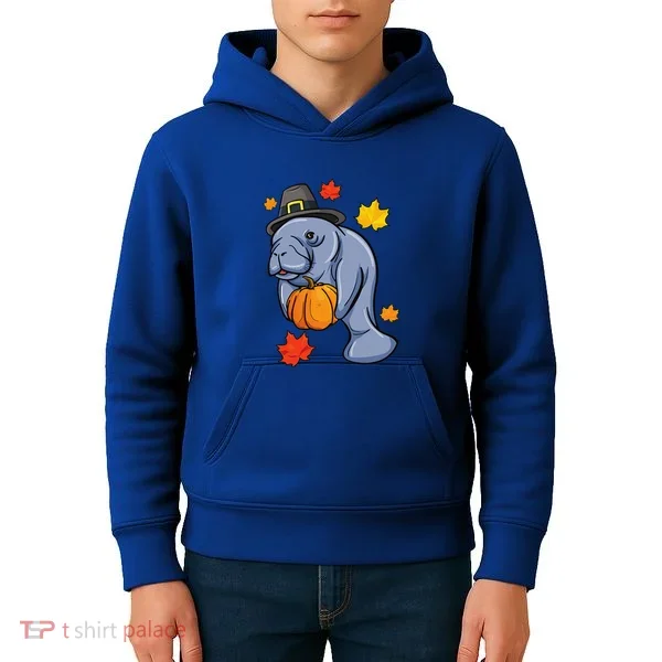 Thanksgiving Manatee Pilgrim Fall Pumpkin Dugong Kids Hoodie