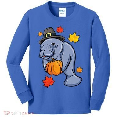 Thanksgiving Manatee Pilgrim Fall Pumpkin Dugong Kids Long Sleeve Shirt