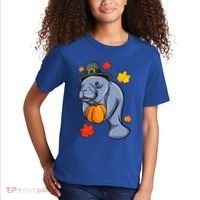 Thanksgiving Manatee Pilgrim Fall Pumpkin Dugong Kids T-Shirt thumb 2