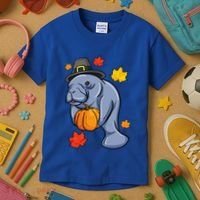 Thanksgiving Manatee Pilgrim Fall Pumpkin Dugong Kids T-Shirt thumb 3