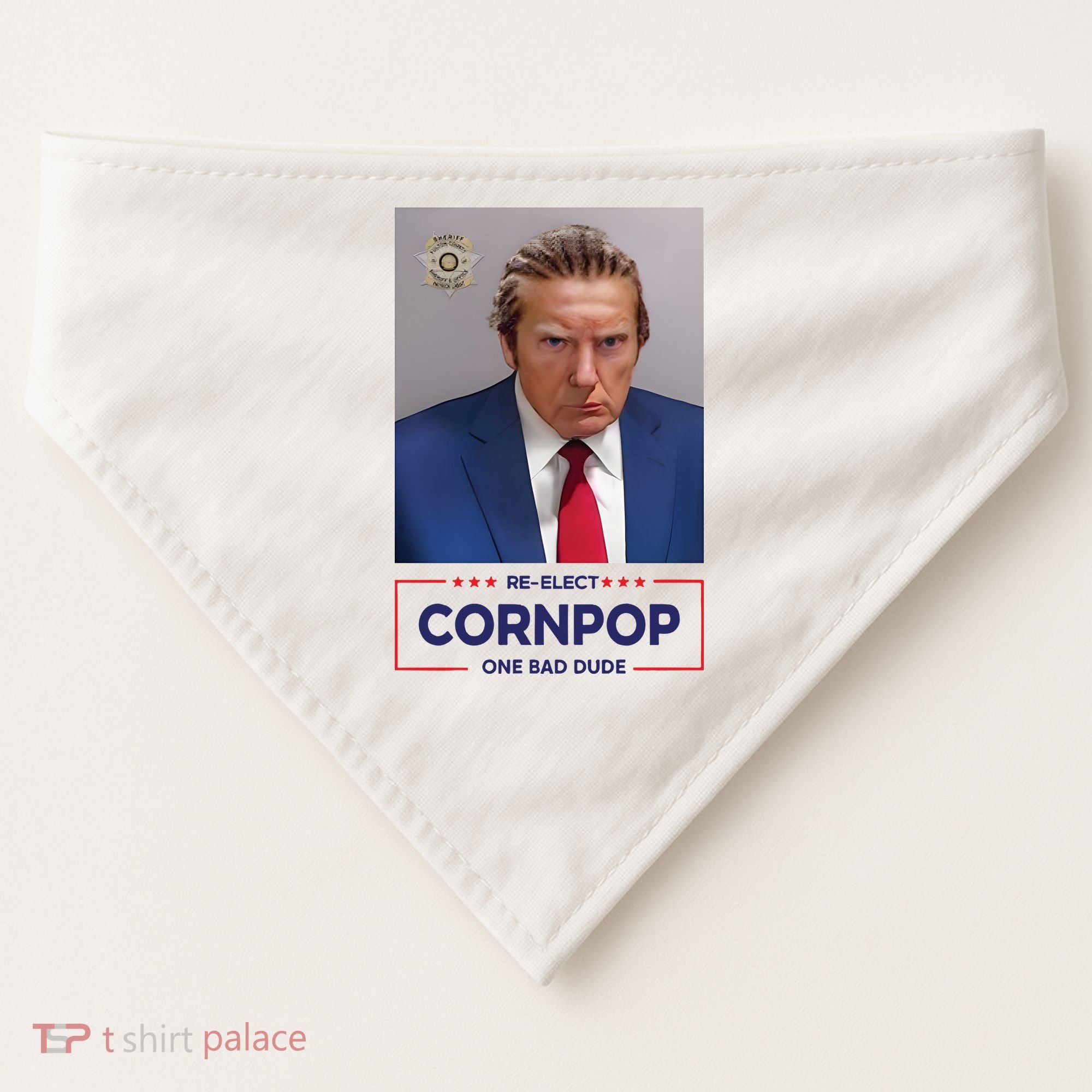 Trump Mugshot ReElect Cornpop One Bad Dude USA-Made Doggie Bandana