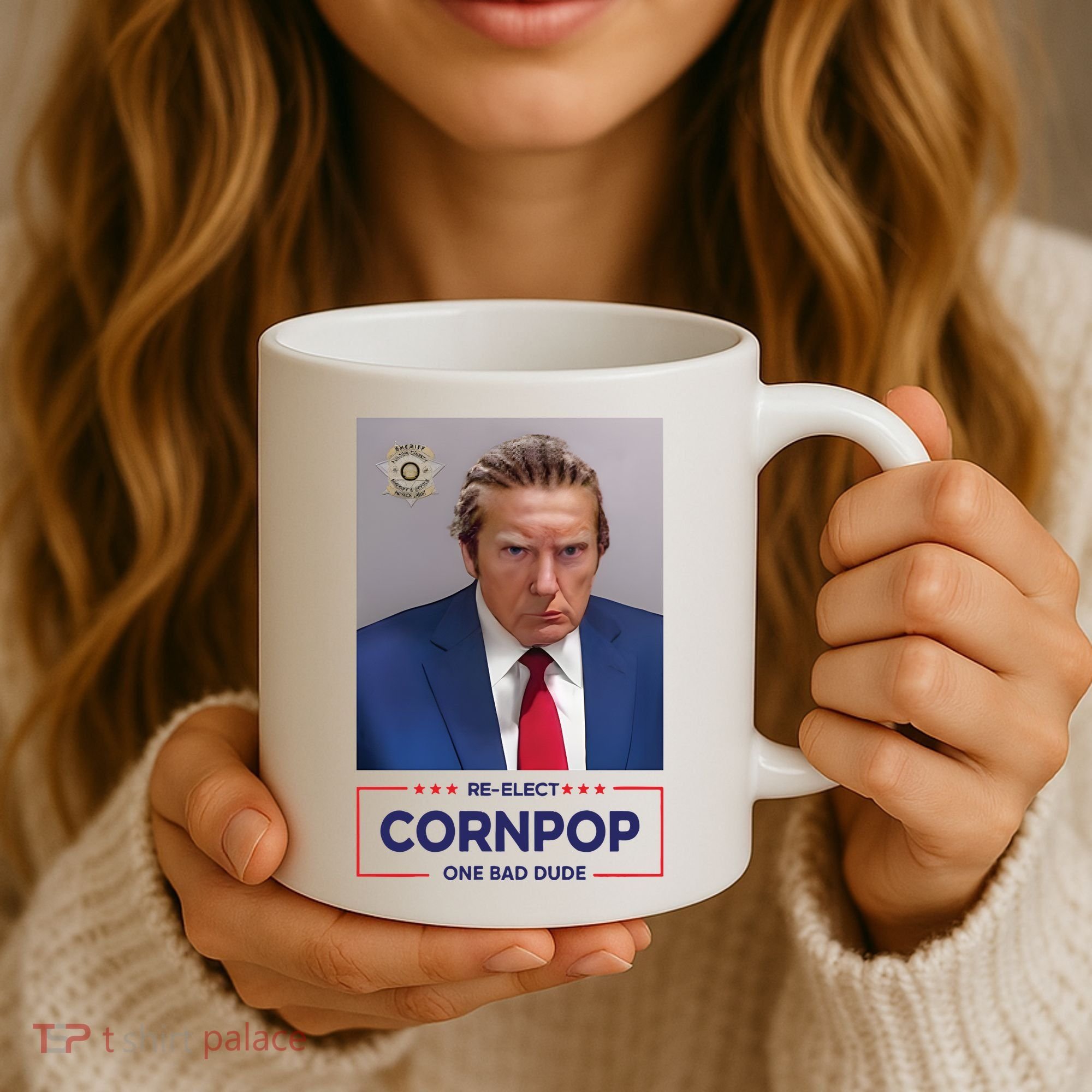 Trump Mugshot ReElect Cornpop One Bad Dude Coffee Mug