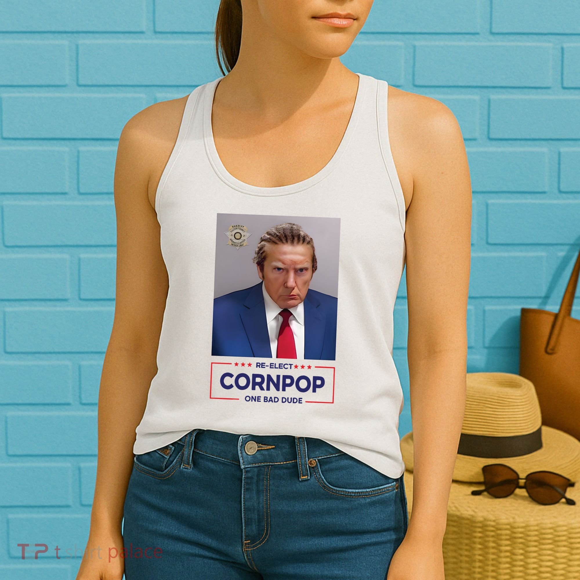 Trump Mugshot ReElect Cornpop One Bad Dude Women's Tank Top
