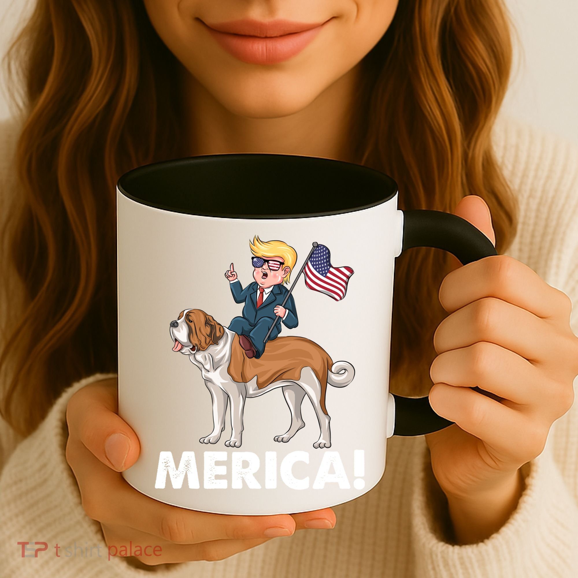 Trump Merica Riding A Saint Bernard Dog Patriotic 4th July Gift Coffee Mug