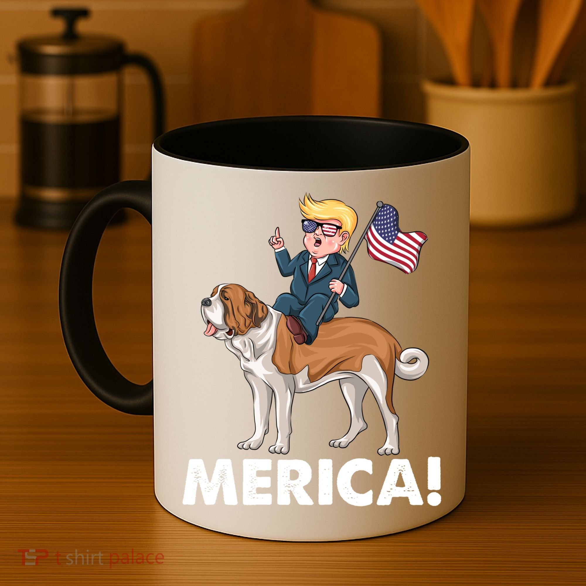 Trump Merica Riding A Saint Bernard Dog Patriotic 4th July Gift Coffee Mug