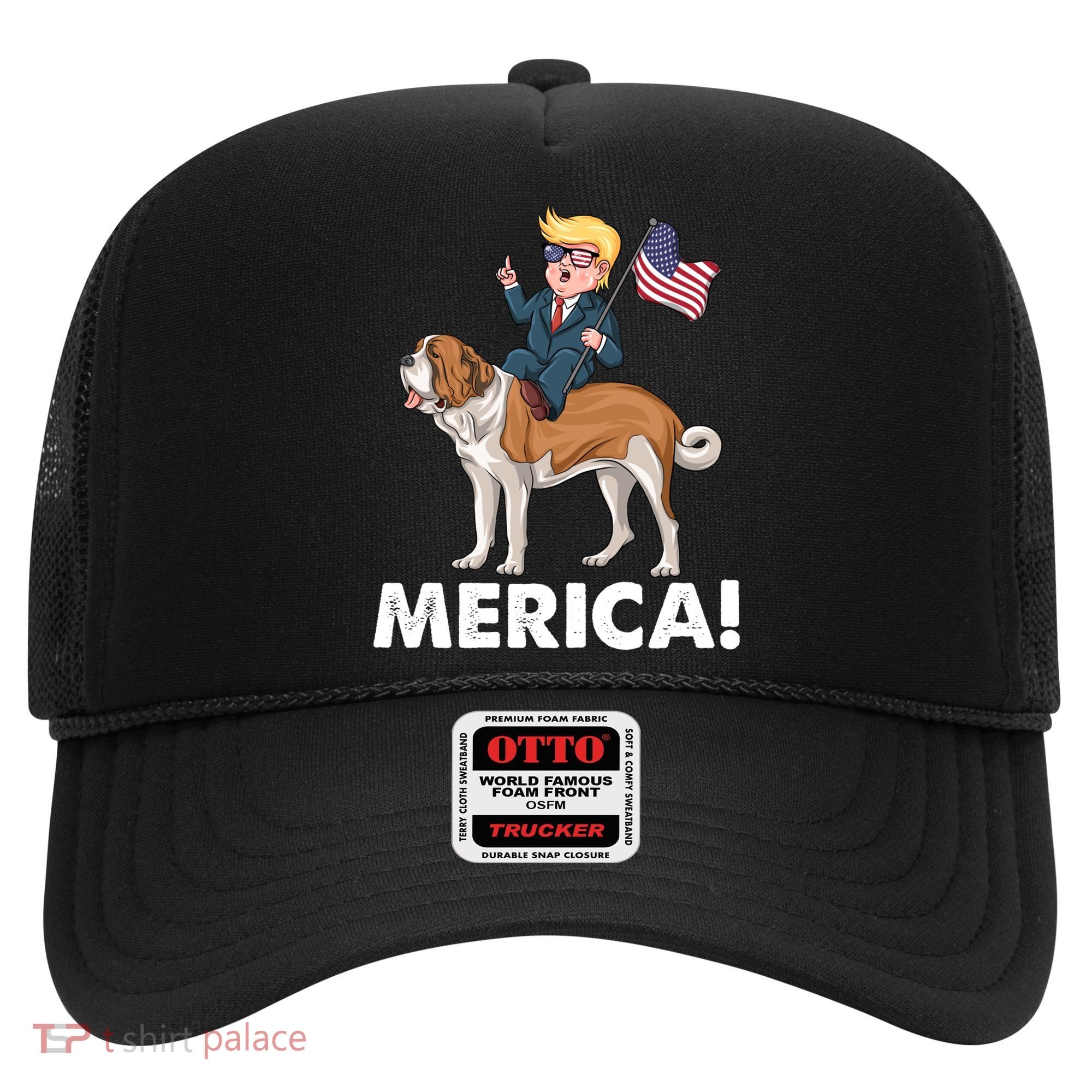 Trump Merica Riding A Saint Bernard Dog Patriotic 4th July Gift Hat