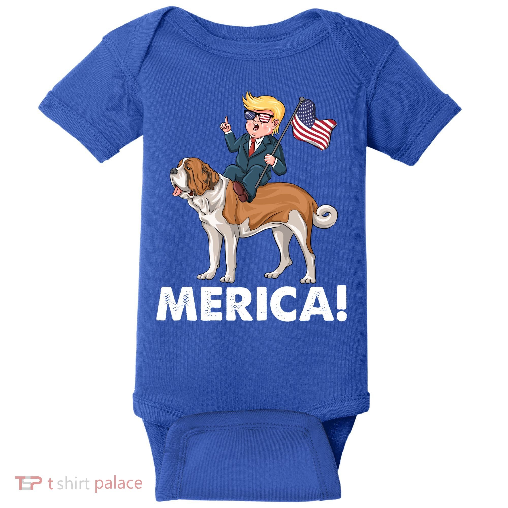 Trump Merica Riding A Saint Bernard Dog Patriotic 4th July Gift Baby Bodysuit
