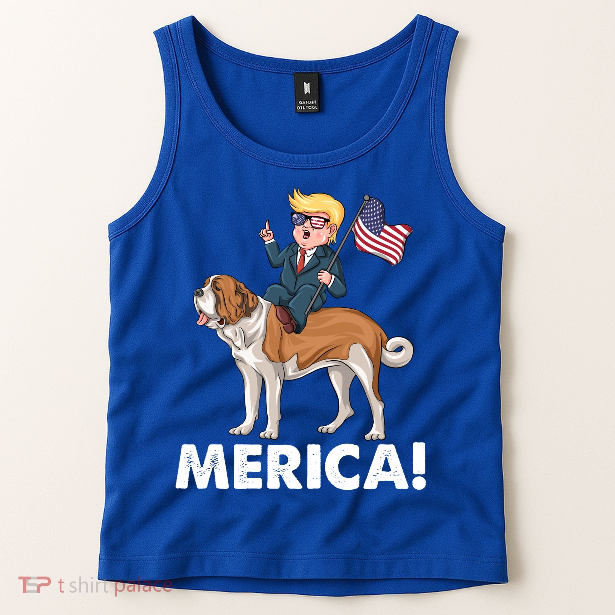 Trump Merica Riding A Saint Bernard Dog Patriotic 4th July Gift Tank Top