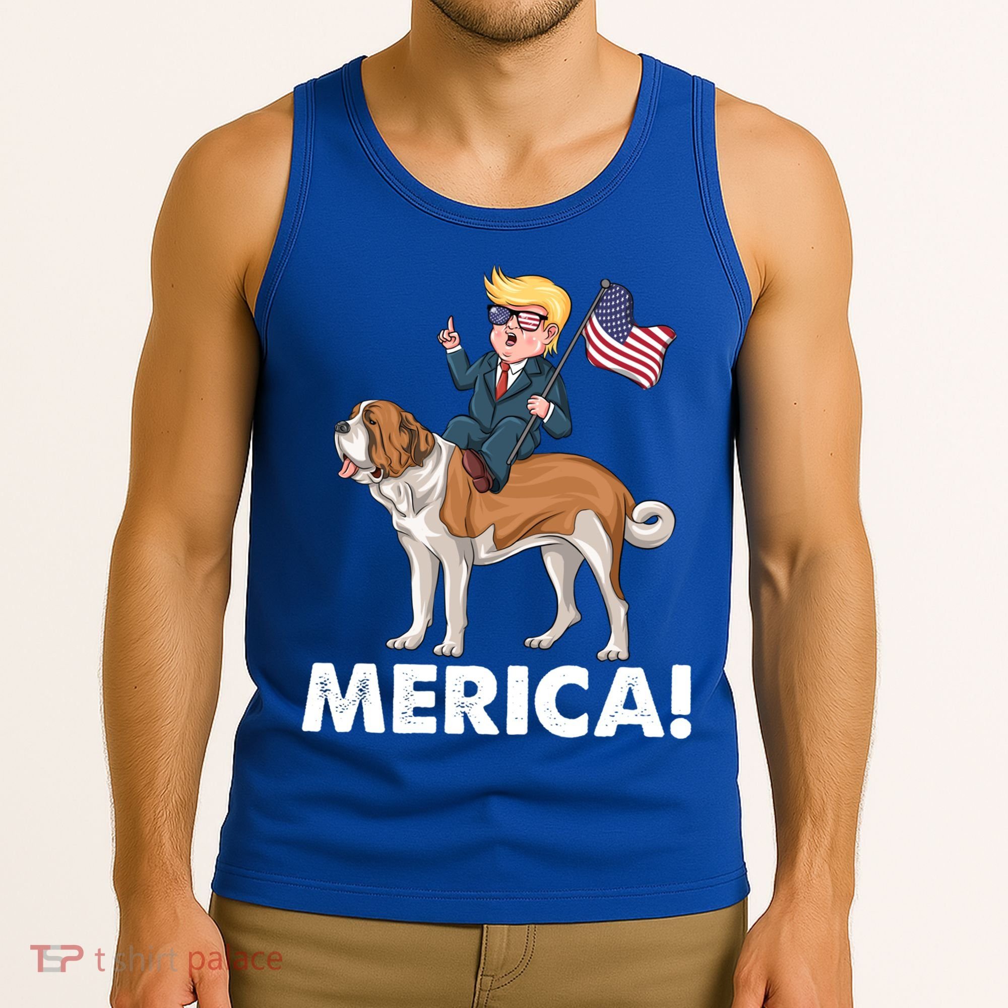 Trump Merica Riding A Saint Bernard Dog Patriotic 4th July Gift Tank Top