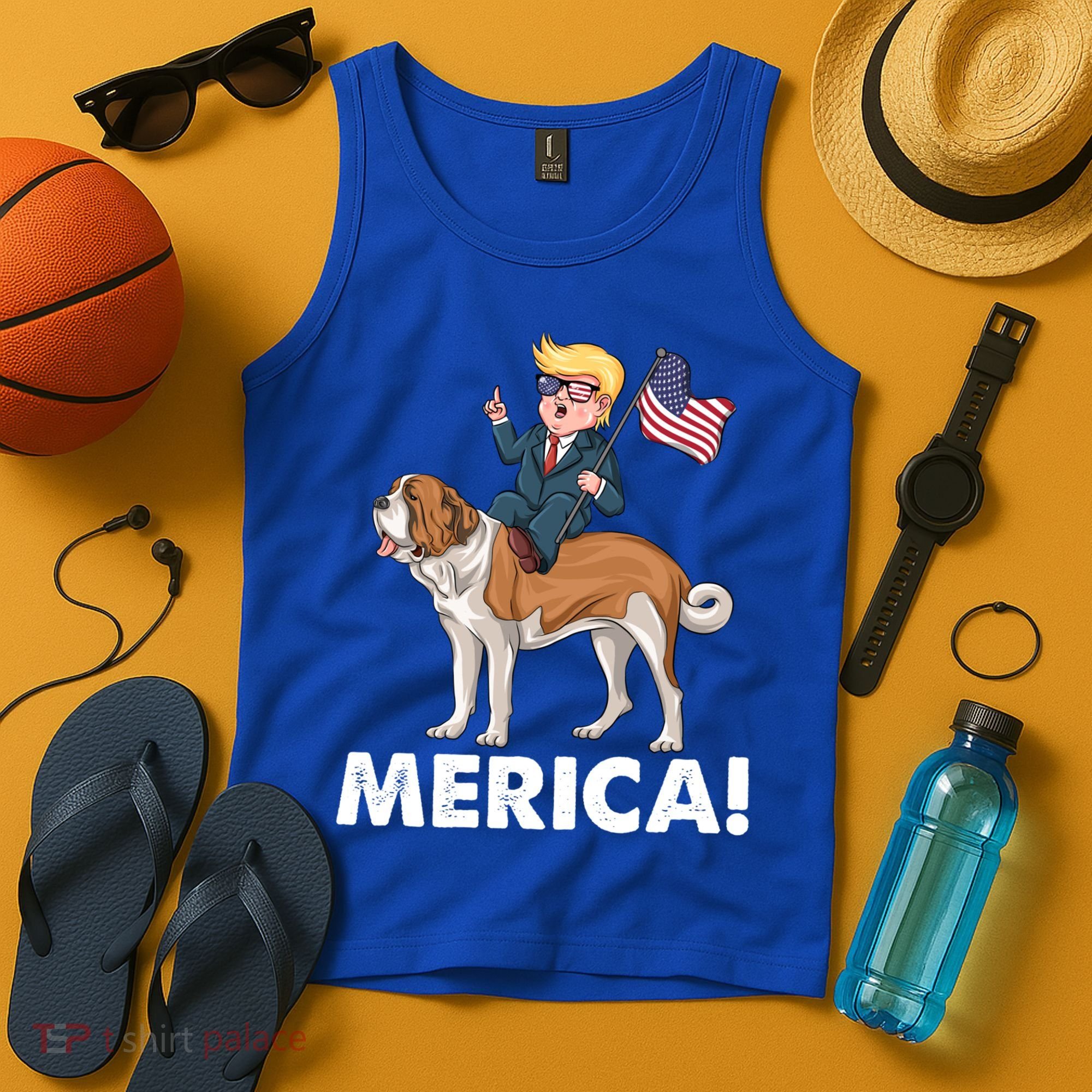 Trump Merica Riding A Saint Bernard Dog Patriotic 4th July Gift Tank Top