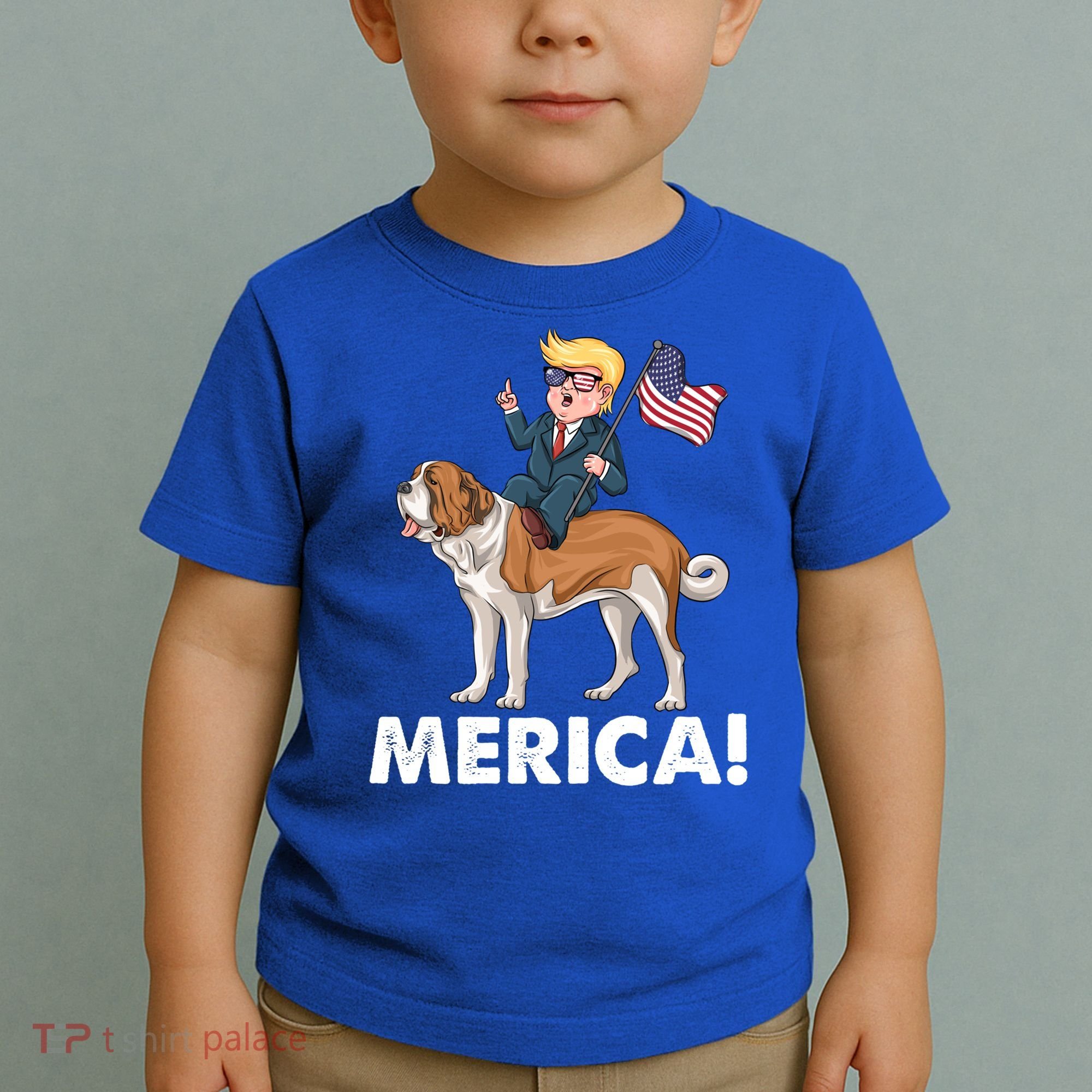 Trump Merica Riding A Saint Bernard Dog Patriotic 4th July Gift Toddler T-Shirt