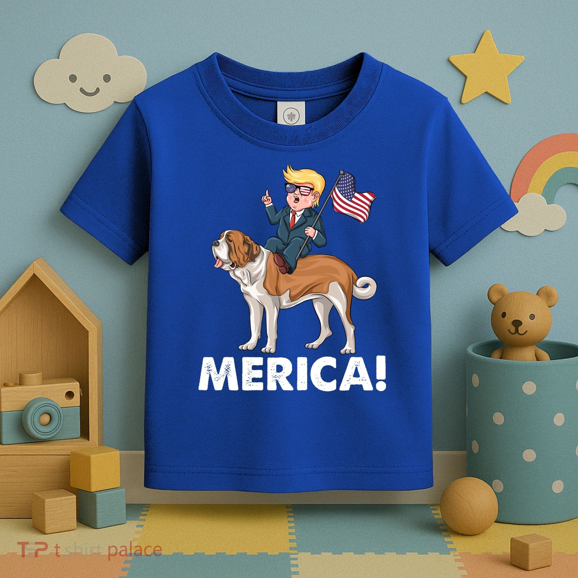 Trump Merica Riding A Saint Bernard Dog Patriotic 4th July Gift Toddler T-Shirt
