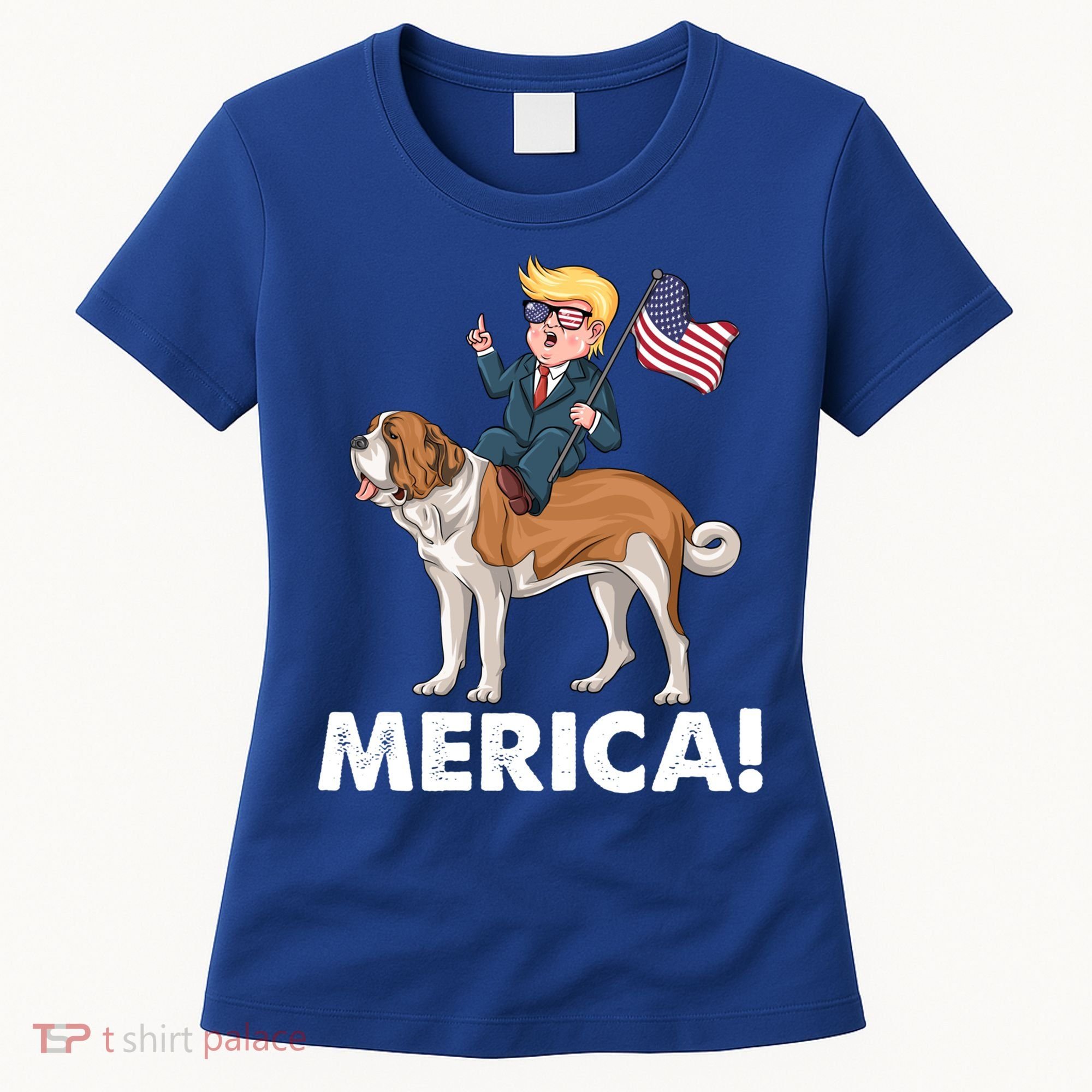 Trump Merica Riding A Saint Bernard Dog Patriotic 4th July Gift Women's T-Shirt