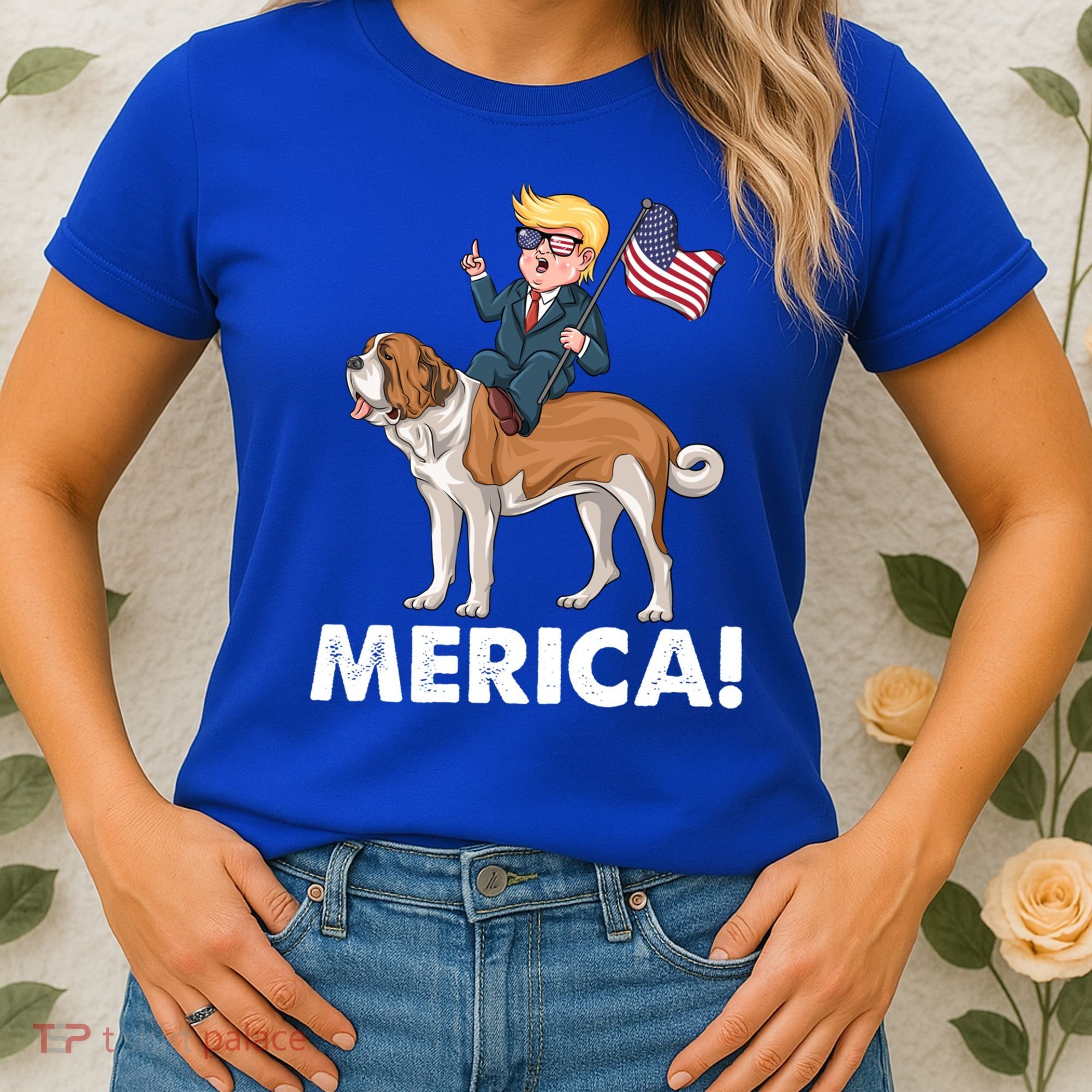 Trump Merica Riding A Saint Bernard Dog Patriotic 4th July Gift Women's T-Shirt