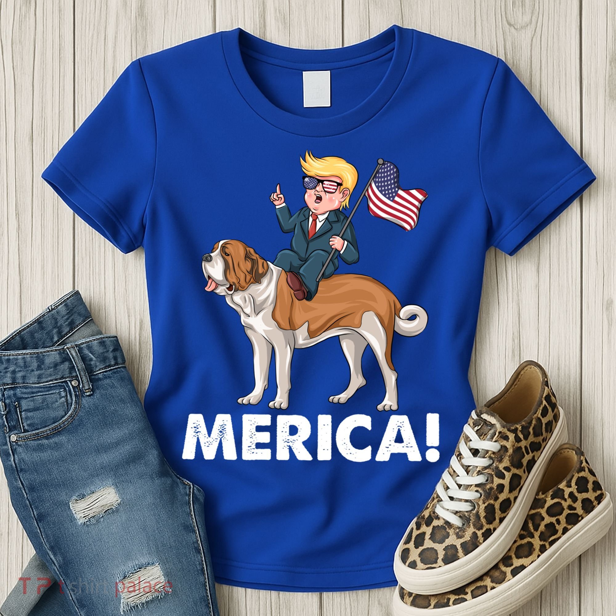 Trump Merica Riding A Saint Bernard Dog Patriotic 4th July Gift Women's T-Shirt