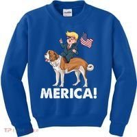 Trump Merica Riding A Saint Bernard Dog Patriotic 4th July Gift Kids Sweatshirt thumb 0
