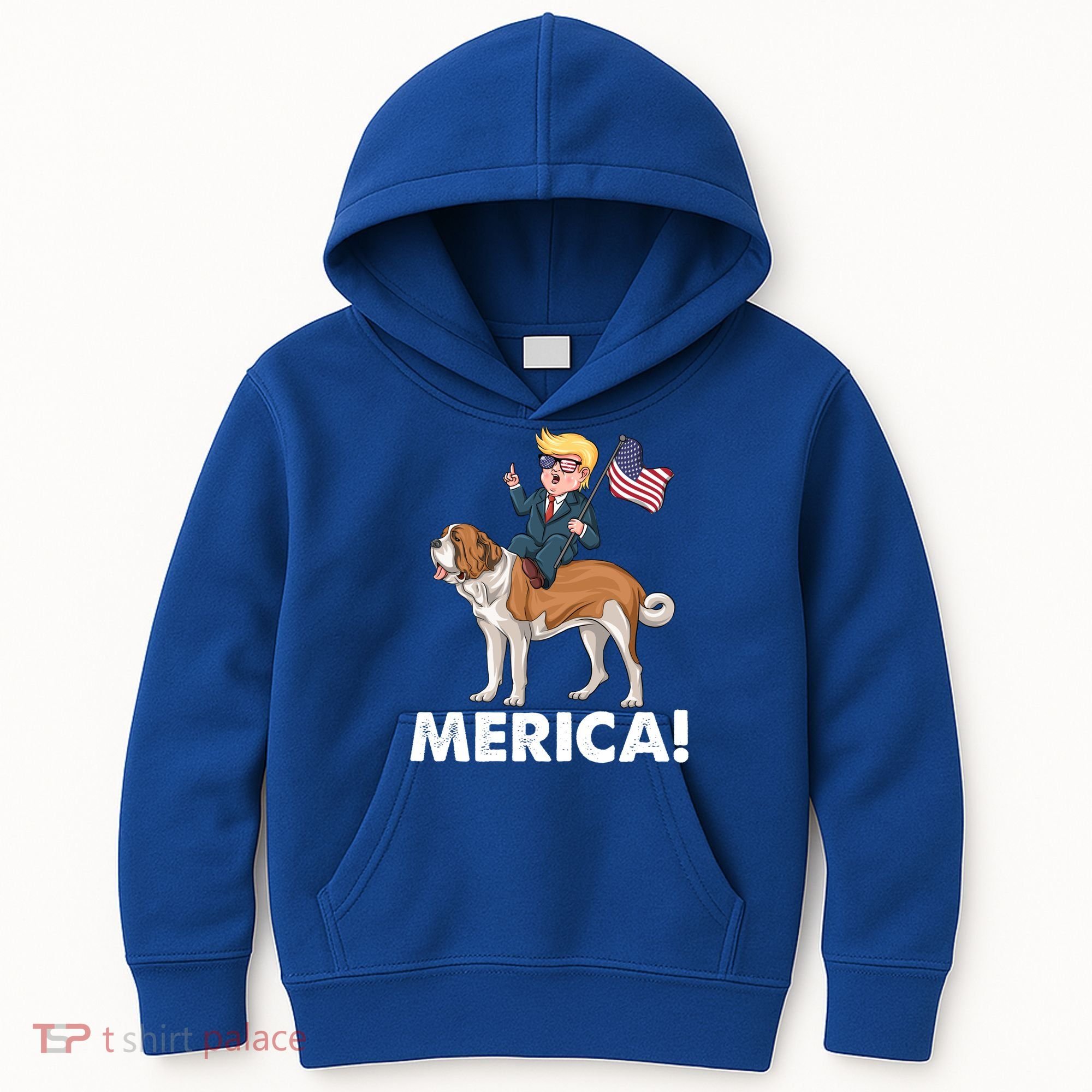 Trump Merica Riding A Saint Bernard Dog Patriotic 4th July Gift Kids Hoodie