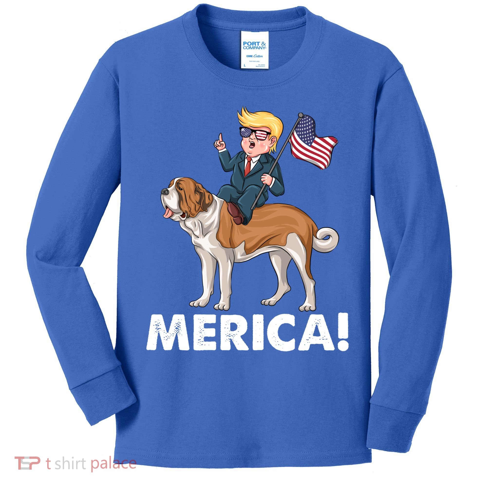 Trump Merica Riding A Saint Bernard Dog Patriotic 4th July Gift Kids Long Sleeve Shirt