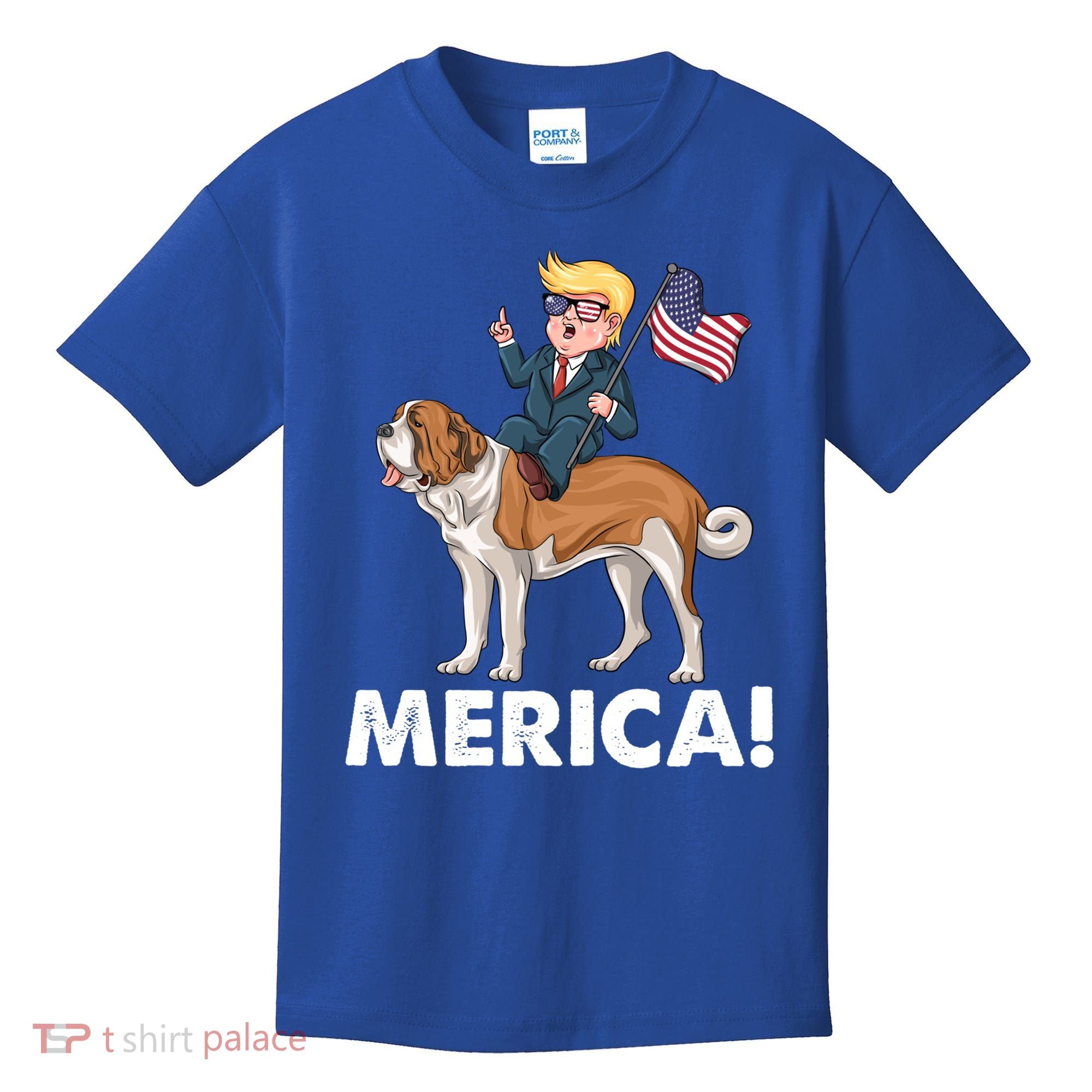 Trump Merica Riding A Saint Bernard Dog Patriotic 4th July Gift Kids T-Shirt